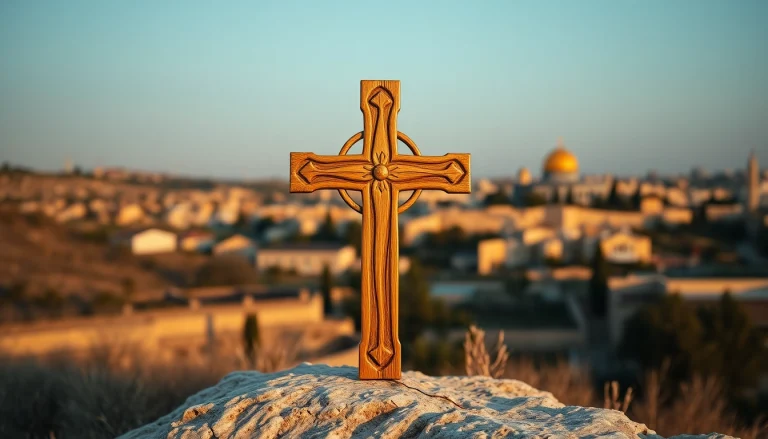 Admire the intricate Jerusalem crosses against a serene Jerusalem landscape, symbolizing faith and history.