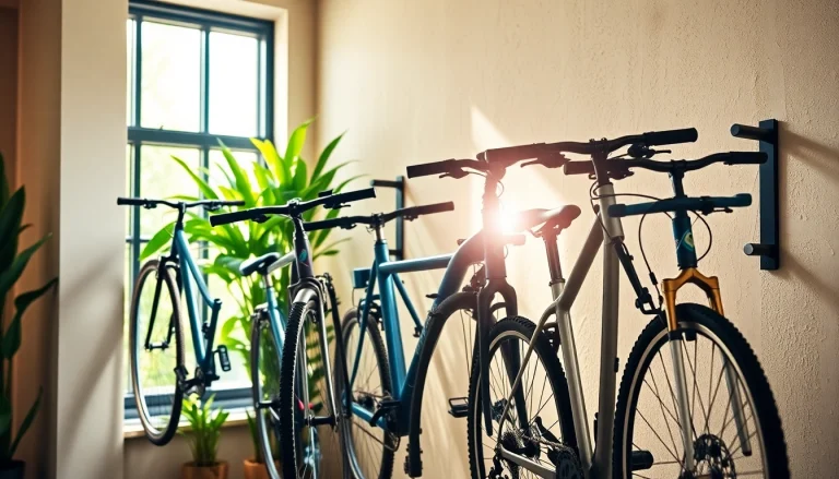 Organized urban bike storage with sleek racks showcasing various bikes in a modern apartment setting.