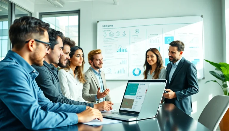 Sales team discussing competitive intelligence for sales strategies during a meeting with data analytics.