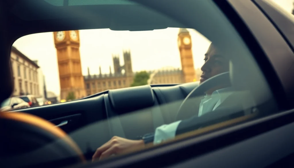 Experience luxury chauffeur service london in a professional black car navigating iconic London streets.