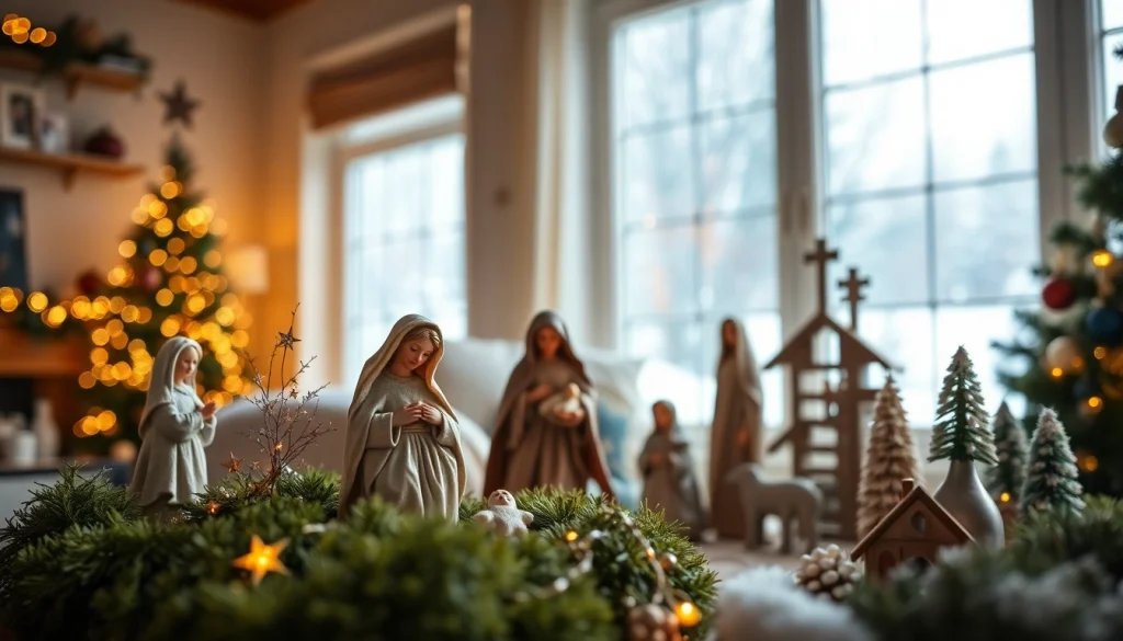 Artfully arranged Nativity sets in a cozy living room, surrounded by festive decorations.