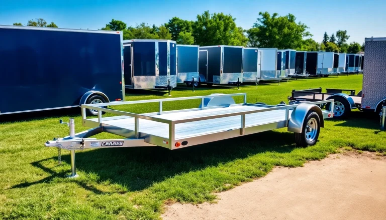 Find various trailers near me showcasing different styles and sizes in a vibrant setting.