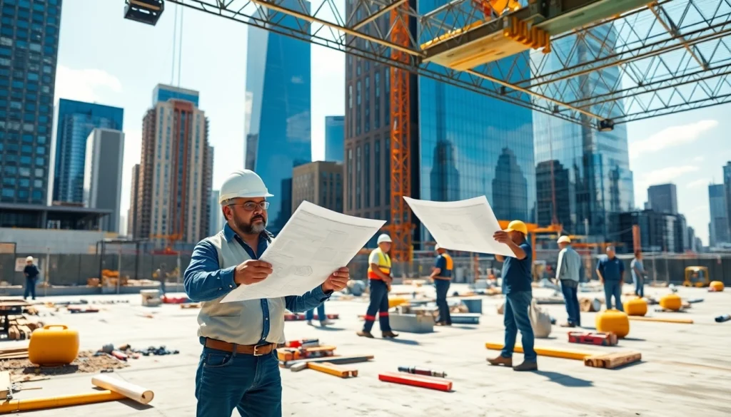 Showcasing a skilled New York City General Contractor on site, inspecting blueprints amid a bustling urban project.