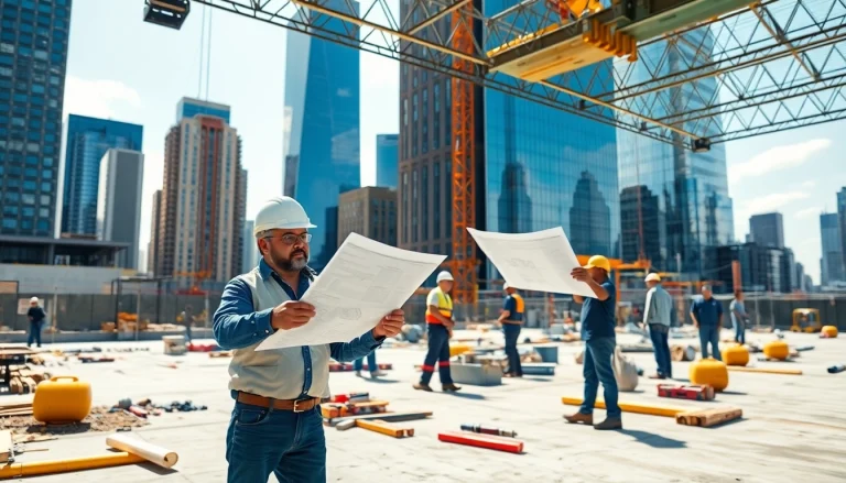 Showcasing a skilled New York City General Contractor on site, inspecting blueprints amid a bustling urban project.
