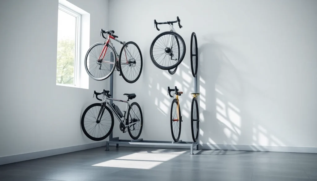 Organized compact bike storage showcasing a sleek vertical rack in a bright garage setting.