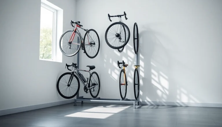 Organized compact bike storage showcasing a sleek vertical rack in a bright garage setting.