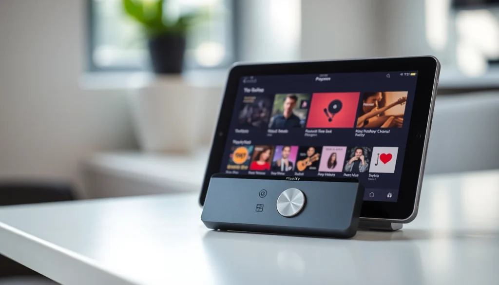 Showcasing a modern MP3 player from https://hardwareplayer.com with vibrant Spotify playlists displayed.